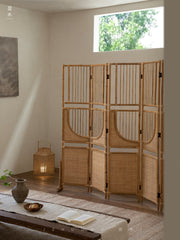 rattan room divider, rattan folding screen, natural partition, handwoven privacy screen, rattan furniture, open weave decor, bohemian interior design