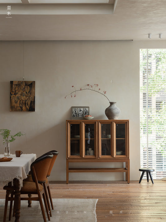 teak glass cabinet, high-leg display cabinet, solid wood showcase, handcrafted teak furniture, artisan wood cabinet, minimalist glass cabinet, wabi-sabi furniture, vintage teak display case, japanese scandi teak