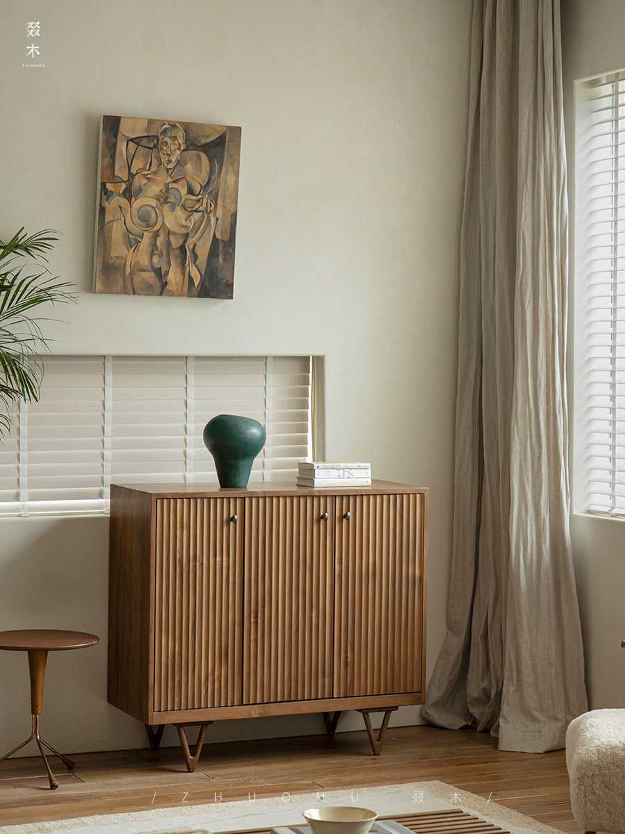 fluted wood cabinet, teak sideboard, handcrafted teak furniture, solid wood buffet, vertical groove cabinet, minimalist teak furniture, artisan wood furniture, wabi-sabi cabinet, boho teak sideboard, japanese scandi furniture