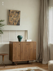 fluted wood cabinet, teak sideboard, handcrafted teak furniture, solid wood buffet, vertical groove cabinet, minimalist teak furniture, artisan wood furniture, wabi-sabi cabinet, boho teak sideboard, japanese scandi furniture