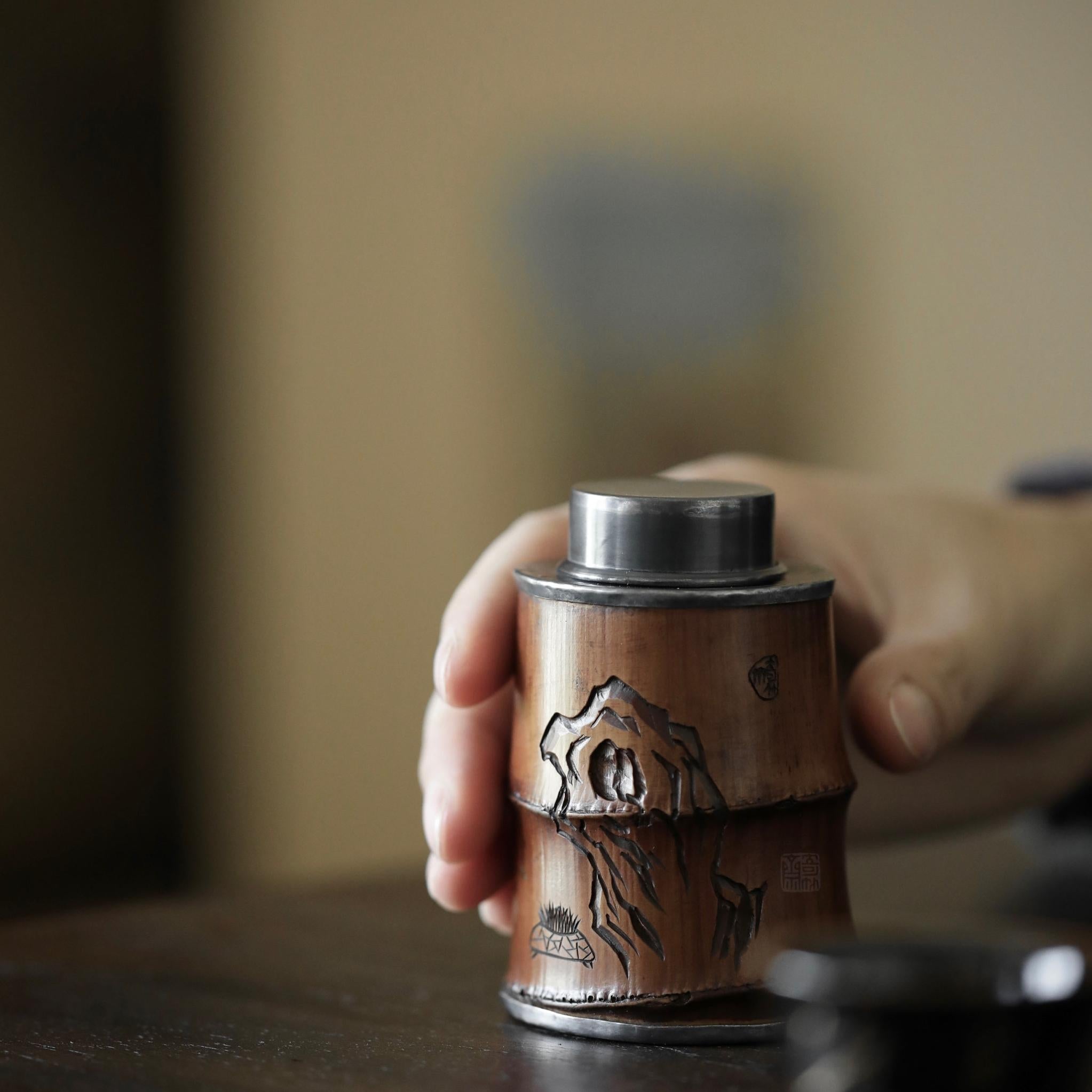 bamboo tea canister, bamboo tea caddy, silver tea canister, airtight tea container, travel tea jar, portable tea storage, handmade tea caddy, artisan tea accessories, oriental tea jar, Japanese tea caddy