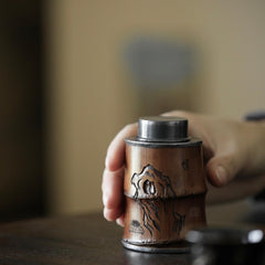 bamboo tea canister, bamboo tea caddy, silver tea canister, airtight tea container, travel tea jar, portable tea storage, handmade tea caddy, artisan tea accessories, oriental tea jar, Japanese tea caddy