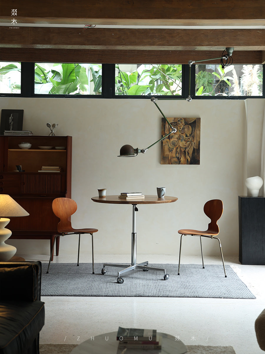 riku round table, adjustable wood table, solid wood modern furniture, japanese minimalist table, wabi sabi table, handcrafted table, piexlculpt studio, modern zen furniture, height adjustable table, multifunctional round desk