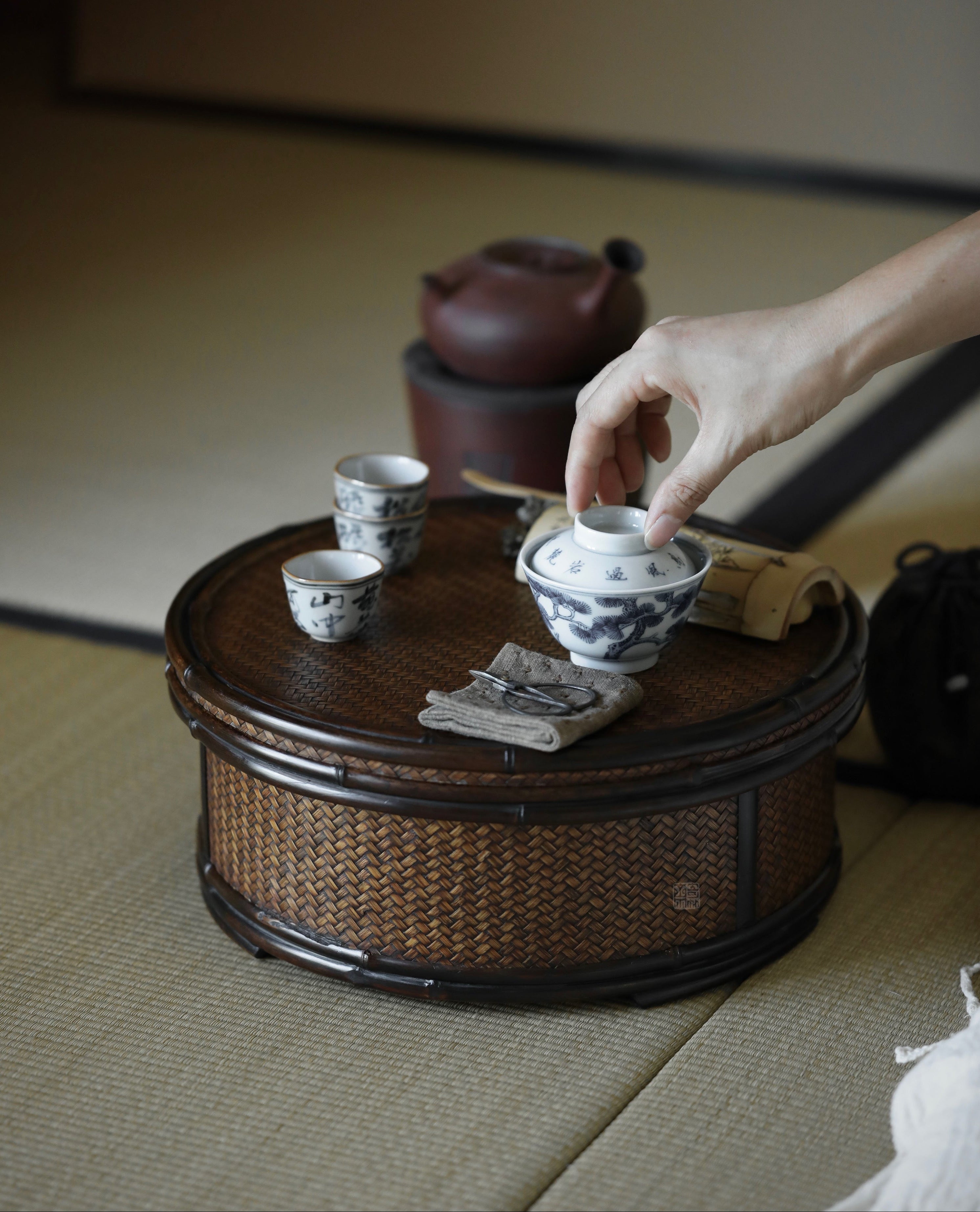 bamboo storage box, woven rattan box, tea accessories organizer, handcrafted bamboo box, purple bamboo decor, handmade tea tool box, wood engraving art, Piexlculpt Studio, natural home accessories