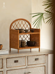rattan shelf, rattan storage rack, handwoven rattan organizer, bamboo shelf, natural rattan furniture, double layer rack, vintage rattan decor, handcrafted rattan shelf, boho home organizer, artisan rattan storage