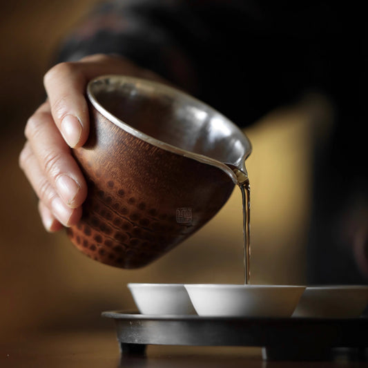 bamboo root tea cup, fair cup, gongdao cup, silver edge tea pitcher, handcrafted tea accessories, wooden tea ware, Japanese tea ceremony, Chinese tea set, handmade tea pitcher, artisanal teaware, Piexlculpt Studio