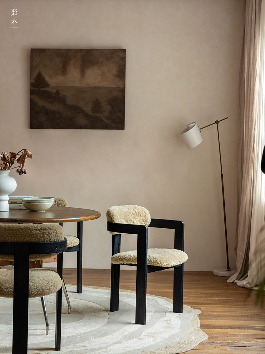 marais dining chair, boucle dining chair, french vintage furniture, mid century dining chair, solid wood chair, upholstered chair, wabi sabi furniture, piexlculpt studio, cozy minimalist furniture, modern farmhouse chair