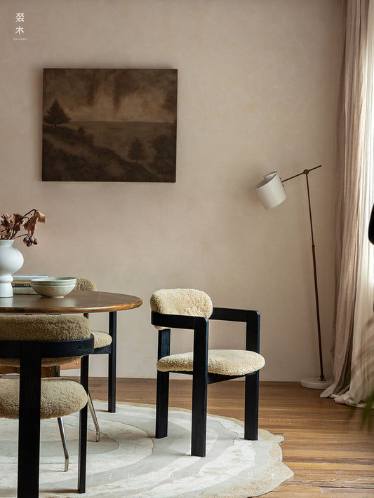 marais dining chair, boucle dining chair, french vintage furniture, mid century dining chair, solid wood chair, upholstered chair, wabi sabi furniture, piexlculpt studio, cozy minimalist furniture, modern farmhouse chair