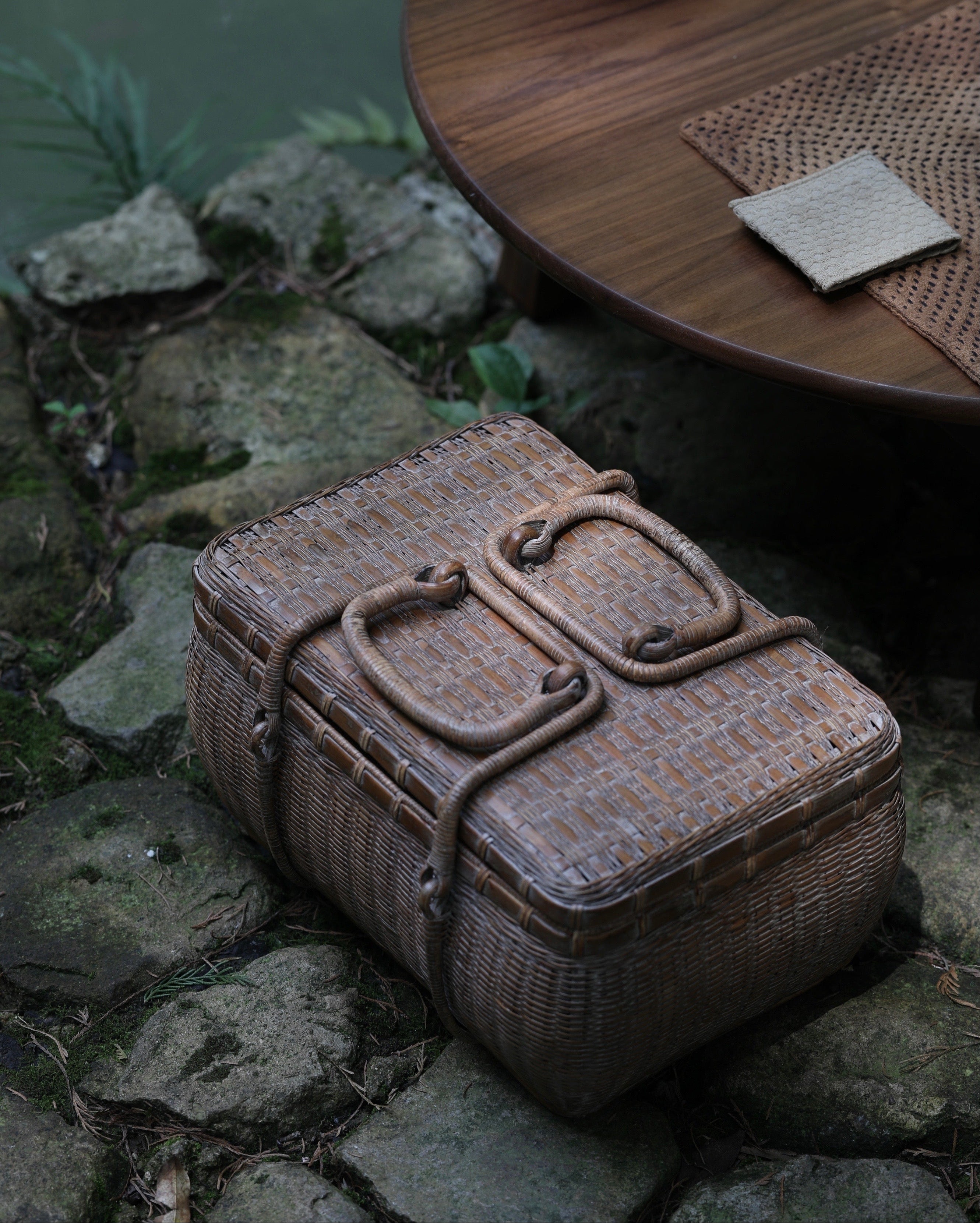 bamboo tea chest, portable tea box, outdoor tea storage, handwoven bamboo case, tea accessory organizer, bamboo picnic chest, oriental tea set box, handcrafted bamboo chest, Piexlculpt tea storage