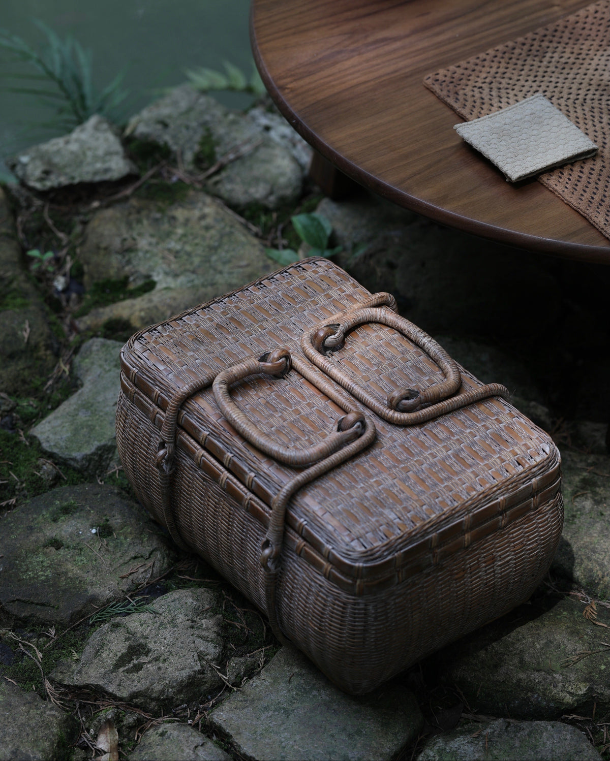 bamboo tea chest, portable tea box, outdoor tea storage, handwoven bamboo case, tea accessory organizer, bamboo picnic chest, oriental tea set box, handcrafted bamboo chest, Piexlculpt tea storage