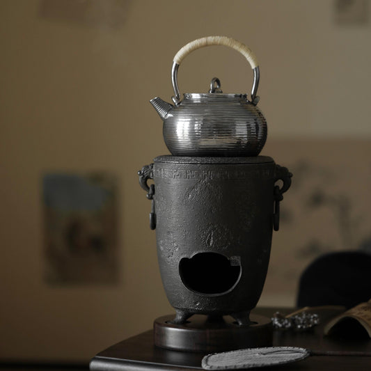 cast iron tea stove, portable tea heater, charcoal brazier, japanese tea stove, gongfu tea accessories, handmade tea tools, Piexlculpt Studio, tea ceremony heater, traditional iron brazier, wood engraving art, charcoal tea warmer