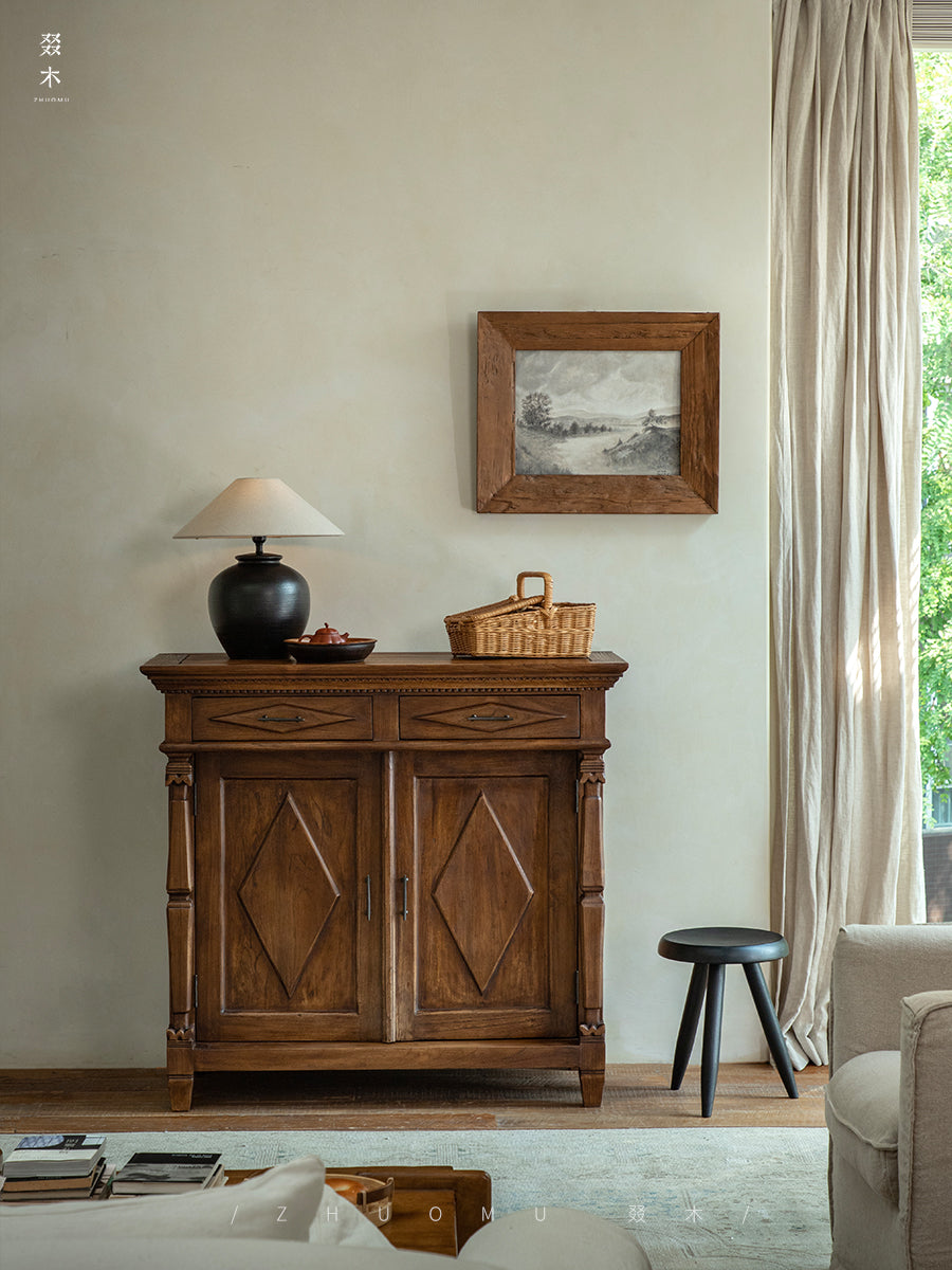 vintage teak cabinet, handcrafted solid wood console, antique style furniture, teak storage cabinet, artisan wood furniture, colonial style sideboard, wabi-sabi furniture, boho teak console, handmade teak cabinet