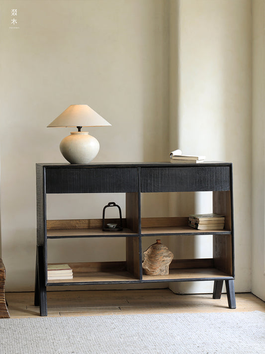 black teak furniture, carbonized sideboard, wabi sabi cabinet, minimalist furniture, carbonized teak console, handcrafted black wood sideboard, japanese zen furniture, piexl sculpt studio