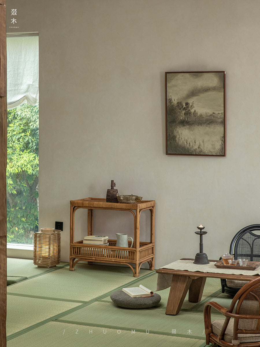 rattan console table, rattan side table, double tier rattan shelf, handwoven rattan furniture, natural rattan table, bohemian console, wabi-sabi decor, handmade rattan console, bamboo rattan furniture,