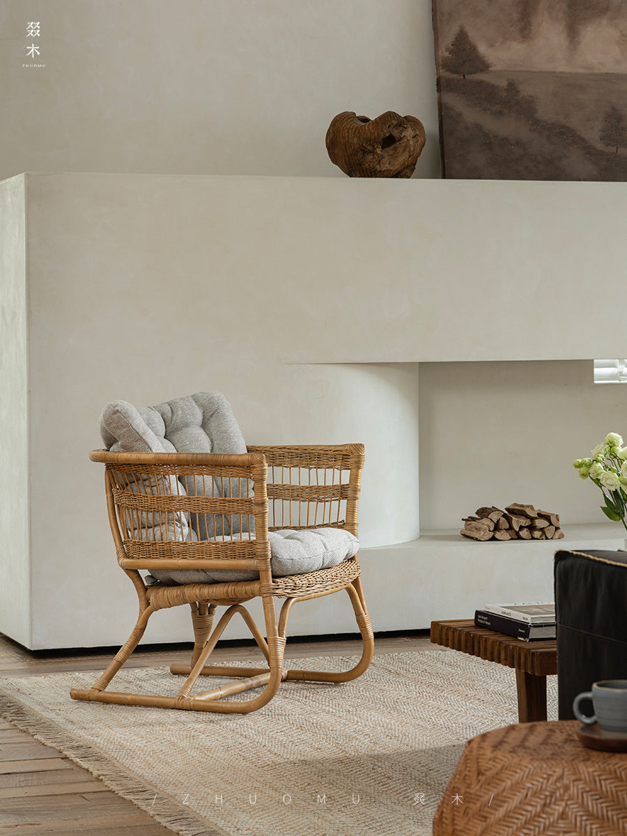 rattan armchair, rattan lounge chair, handwoven rattan furniture, natural rattan chair, outdoor rattan seating, bohemian interior design, handcrafted rattan armchair