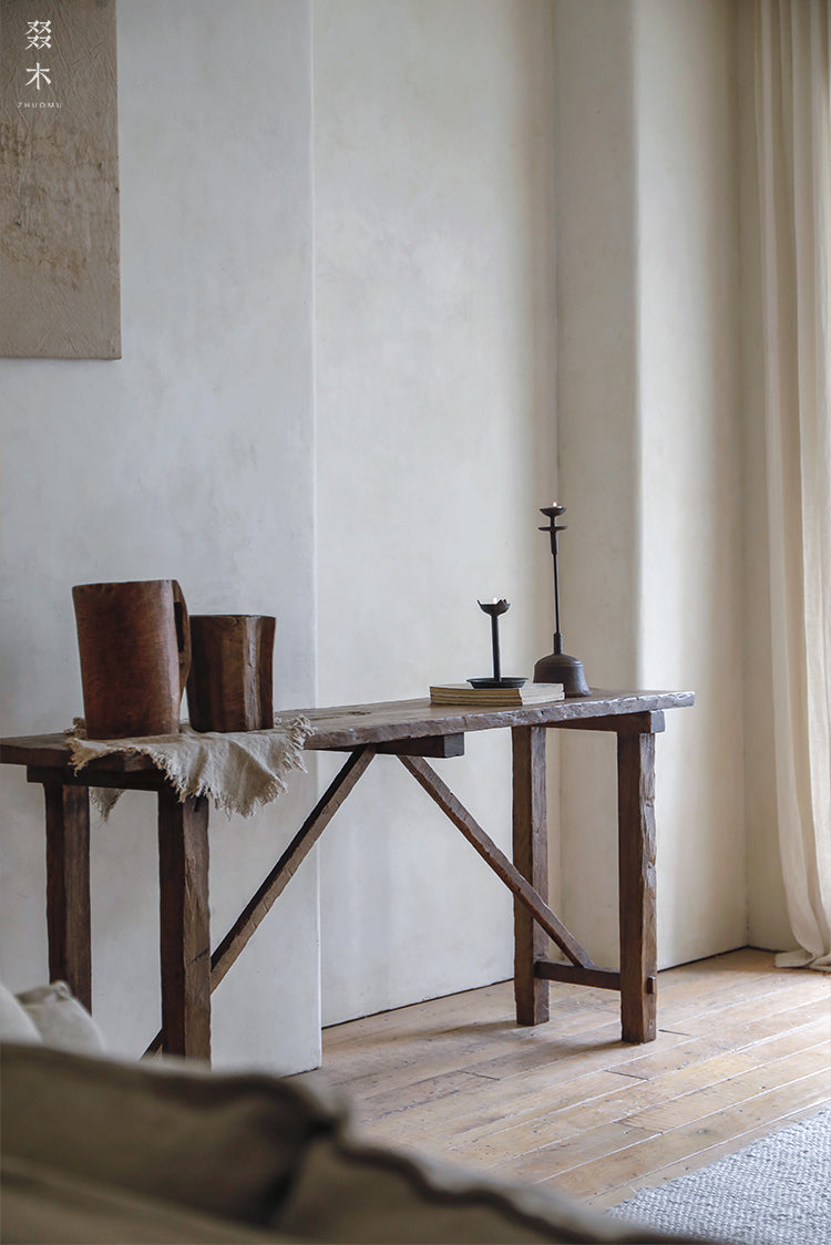 nami console table, long wood table, wabi sabi furniture, japanese minimalist furniture, solid wood entryway table, handcrafted long table, zen furniture, piexlculpt studio, rustic teak console, japanese style hallway table