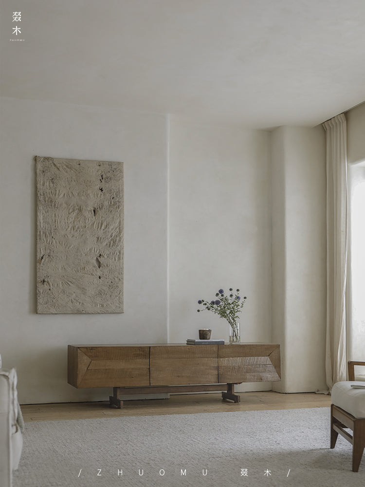 solid wood TV console, handcrafted media cabinet, minimalist TV stand, reclaimed wood furniture, artisan TV unit, japanese scandi furniture, wabi-sabi console, modern wood sideboard, low wood cabinet