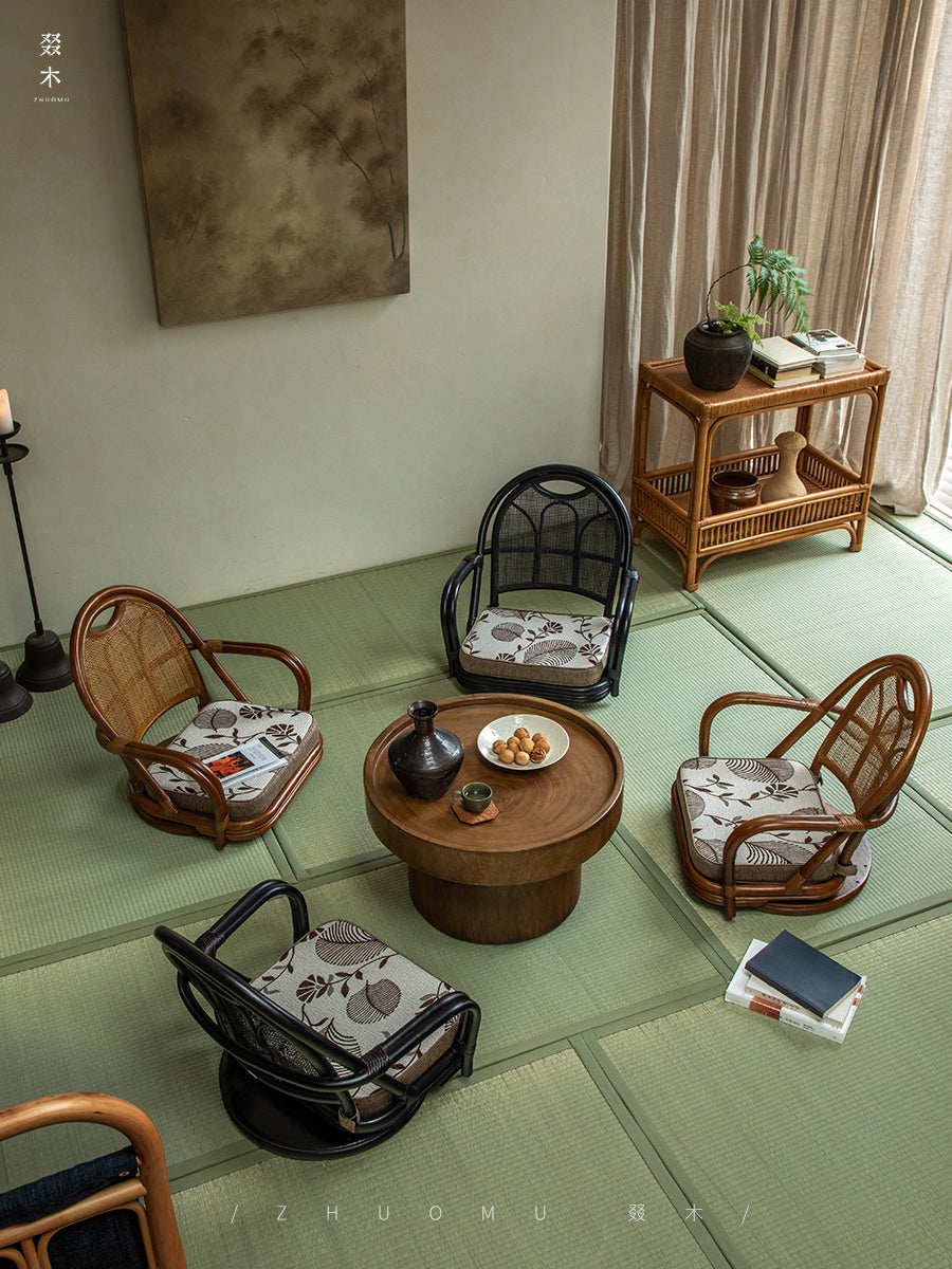 rattan floor chair, tatami chair, rattan swivel chair, handwoven rattan furniture, Japanese floor chair, bohemian interior, tea room seating, handcrafted rattan seat