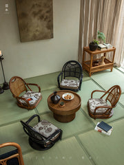rattan floor chair, tatami chair, rattan swivel chair, handwoven rattan furniture, Japanese floor chair, bohemian interior, tea room seating, handcrafted rattan seat