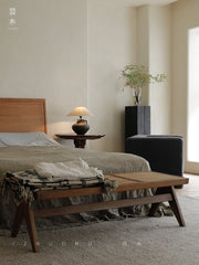 chandigarh bench, handwoven rattan bench, solid wood furniture, japanese minimalist bench, handcrafted wooden bench, entryway seating, sustainable rattan furniture, piexlculpt studio, wabi sabi bench