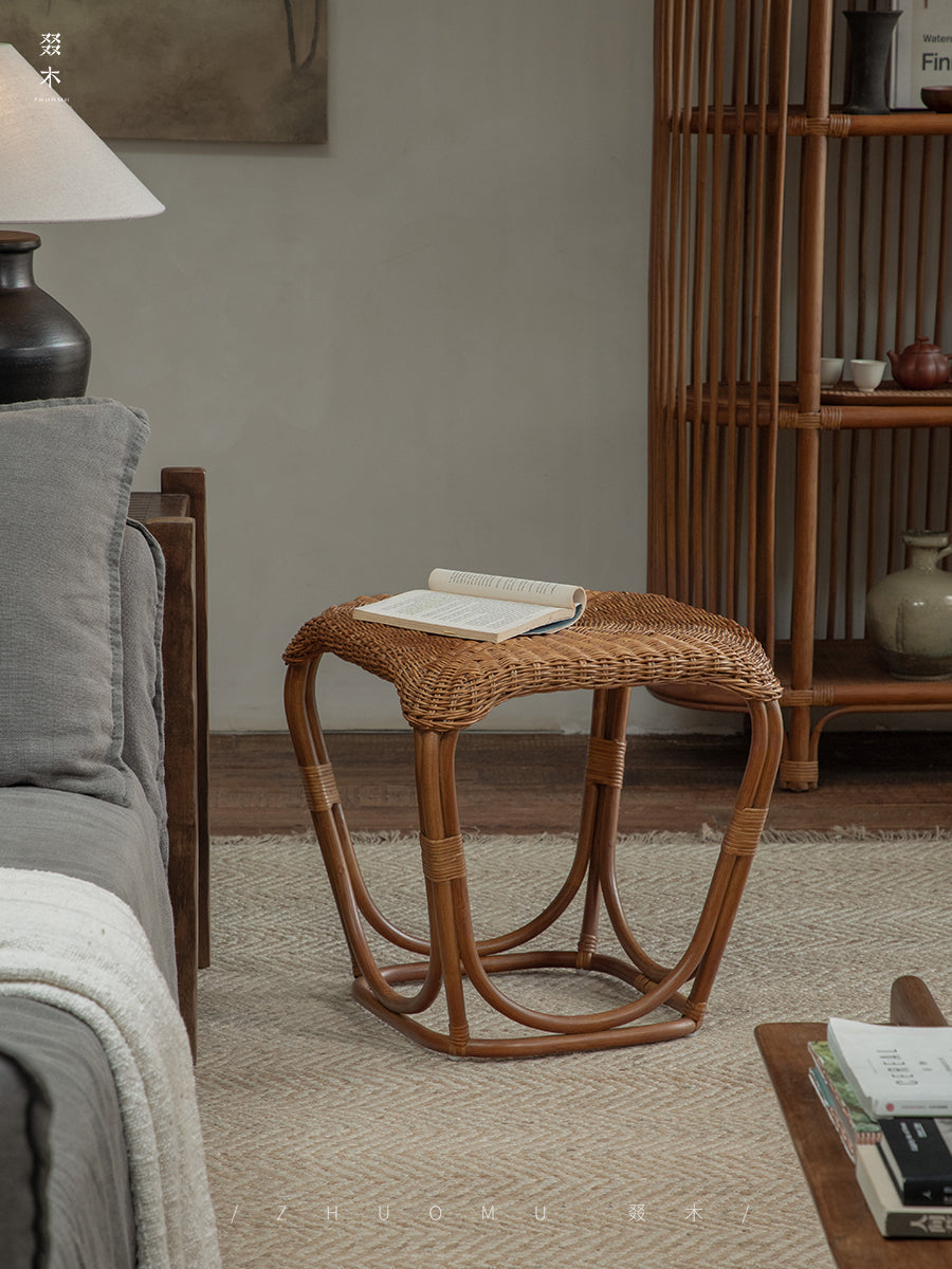 rattan side table, rattan end table, handwoven rattan stool, natural rattan furniture, minimalist rattan table, bamboo accent table, handmade rattan decor, boho rattan furniture, japanese wabi-sabi decor, artisan rattan stool