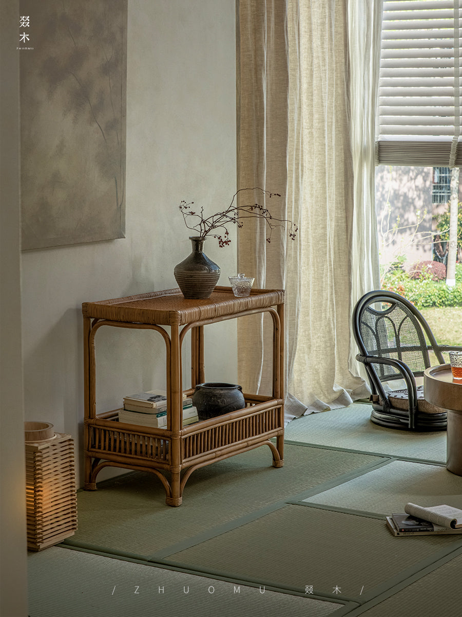 rattan console table, rattan side table, double tier rattan shelf, handwoven rattan furniture, natural rattan table, bohemian console, wabi-sabi decor, handmade rattan console, bamboo rattan furniture,