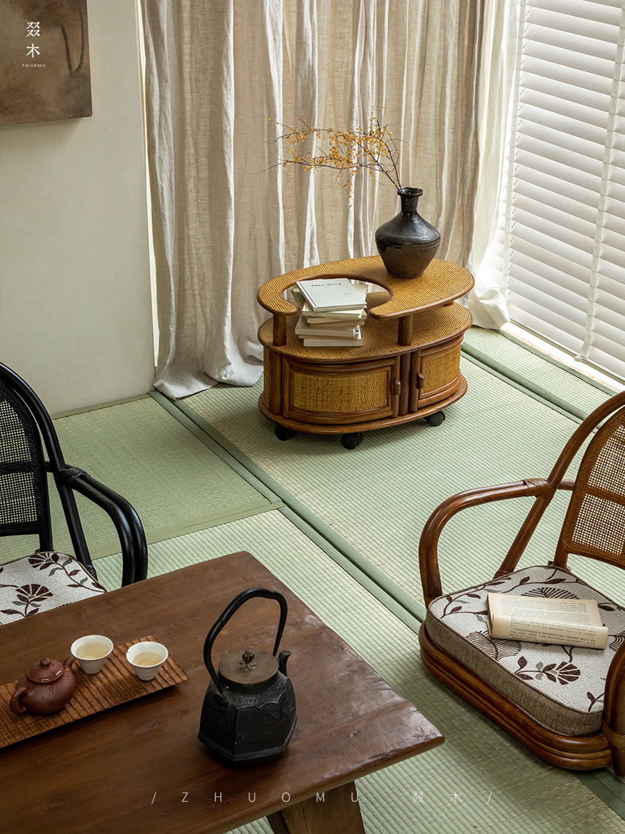 rattan tea table, rattan side table, rolling rattan cart, handwoven rattan furniture, vintage bamboo cart, natural rattan storage, bohemian furniture, artisan rattan table, living room tea cart, Japanese style rattan table