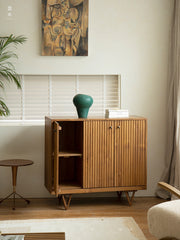 fluted wood cabinet, teak sideboard, handcrafted teak furniture, solid wood buffet, vertical groove cabinet, minimalist teak furniture, artisan wood furniture, wabi-sabi cabinet, boho teak sideboard, japanese scandi furniture