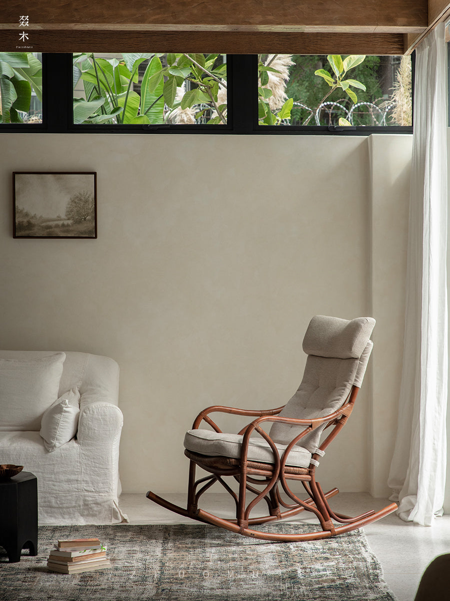 rattan rocking chair, rattan recliner, handwoven rattan furniture, natural rattan chair, bohemian interior, artisan rocking chair, lounge rattan seat, handcrafted rattan rocker