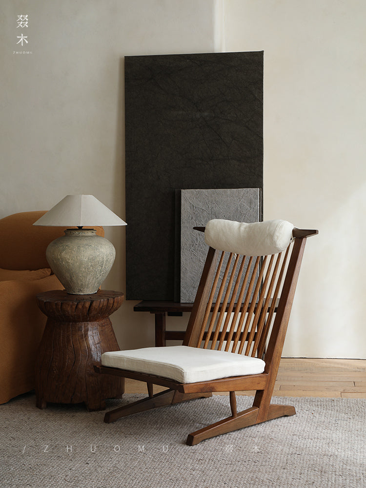 naka lounge chair, japanese recliner, wabi sabi furniture, george nakashima chair, solid wood armchair, minimalist wood chair, handmade wooden furniture, linen cushion chair, modern japanese furniture, piexlculpt