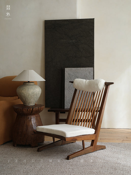naka lounge chair, japanese recliner, wabi sabi furniture, george nakashima chair, solid wood armchair, minimalist wood chair, handmade wooden furniture, linen cushion chair, modern japanese furniture, piexlculpt