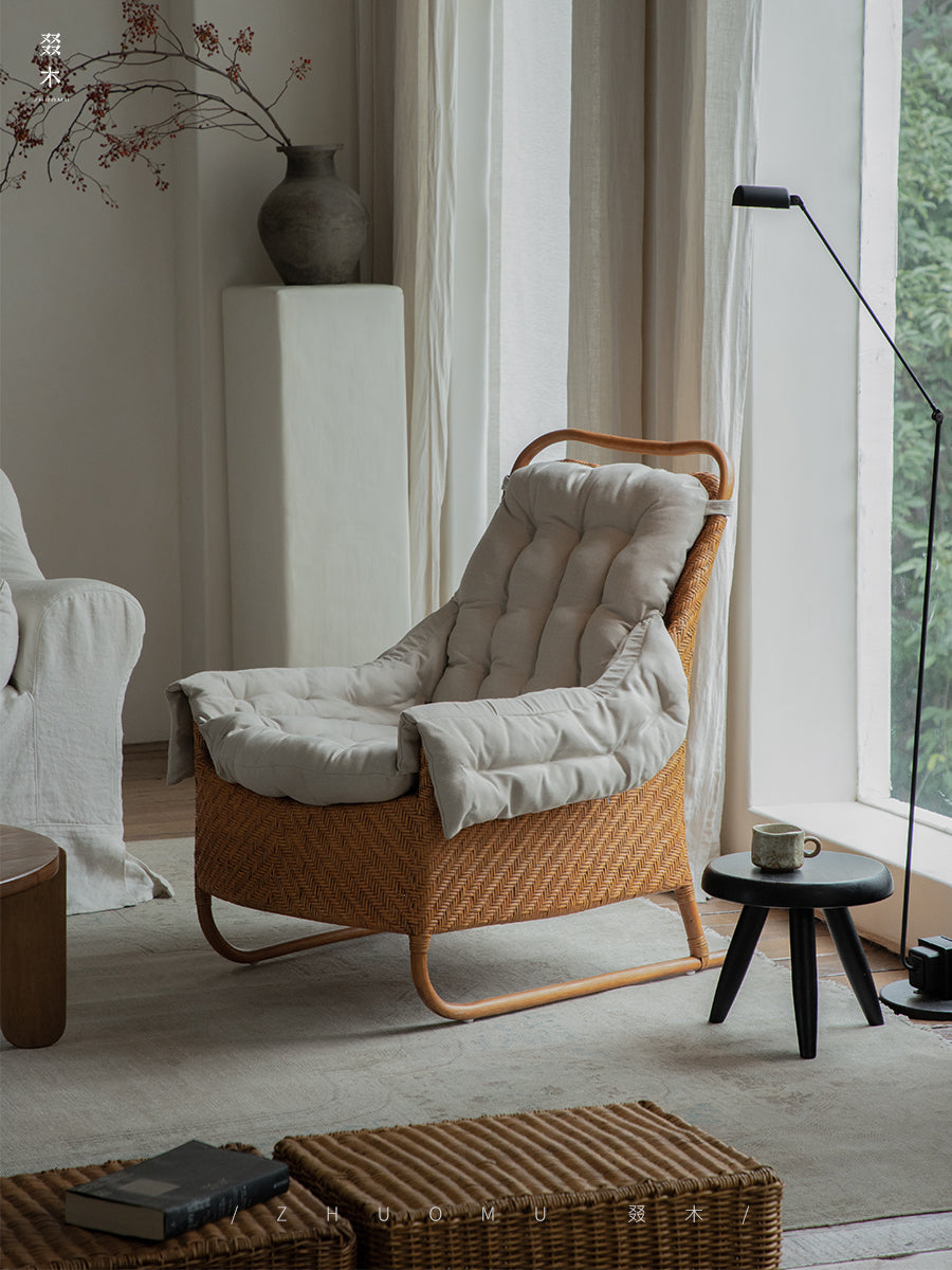 rattan lounge chair, rattan armchair, handwoven rattan furniture, natural rattan chair, relaxing chair, bohemian interior design, handcrafted rattan seating
