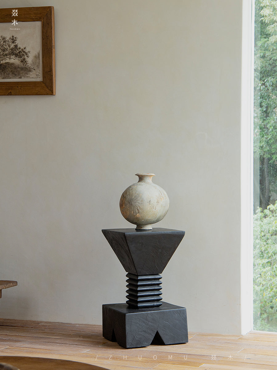 kuro sculpture table, charred wood pedestal, wabi sabi furniture, japanese minimalist decor, handcrafted wood art stand, zen display table, piexlculpt studio, black solid wood table, carbonized wood furniture