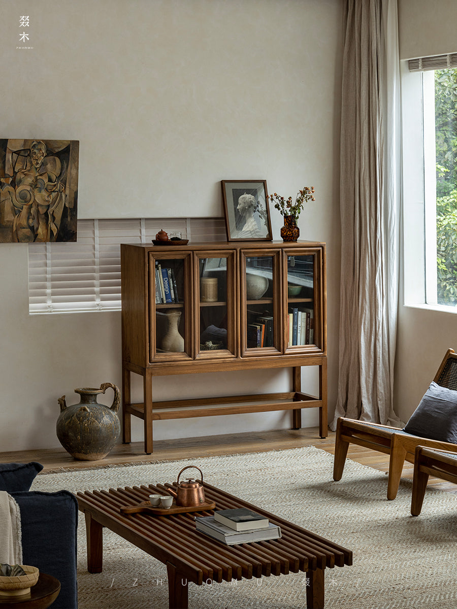 teak glass cabinet, high-leg display cabinet, solid wood showcase, handcrafted teak furniture, artisan wood cabinet, minimalist glass cabinet, wabi-sabi furniture, vintage teak display case, japanese scandi teak