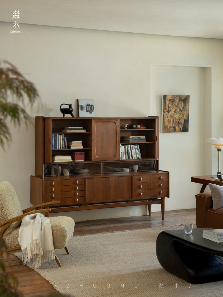 mid century teak sideboard, tambour door cabinet, solid wood credenza, handcrafted teak furniture, mcm buffet, designer teak cabinet, vintage teak sideboard, roll door wood cabinet, handmade solid wood furniture