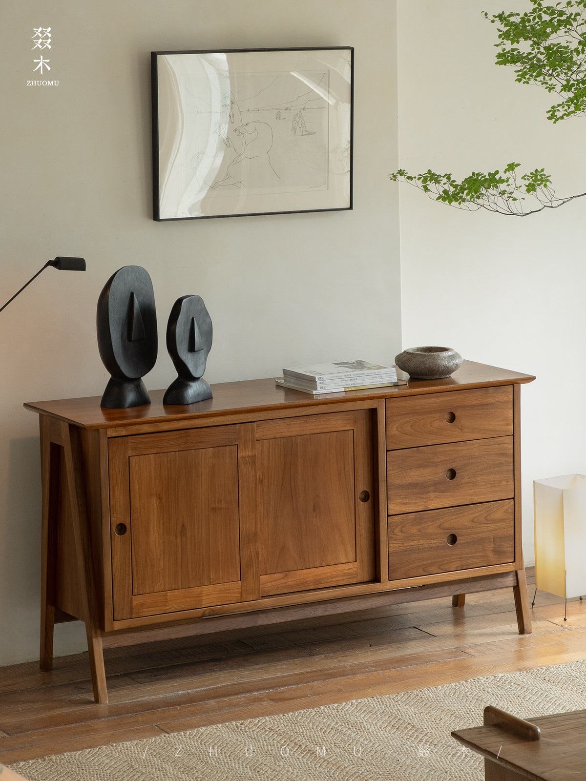 teak sideboard, sliding door buffet, solid wood cabinet, handcrafted teak furniture, minimalist dining storage, artisan wood furniture, wabi-sabi furniture, modern teak buffet, handmade solid wood sideboard