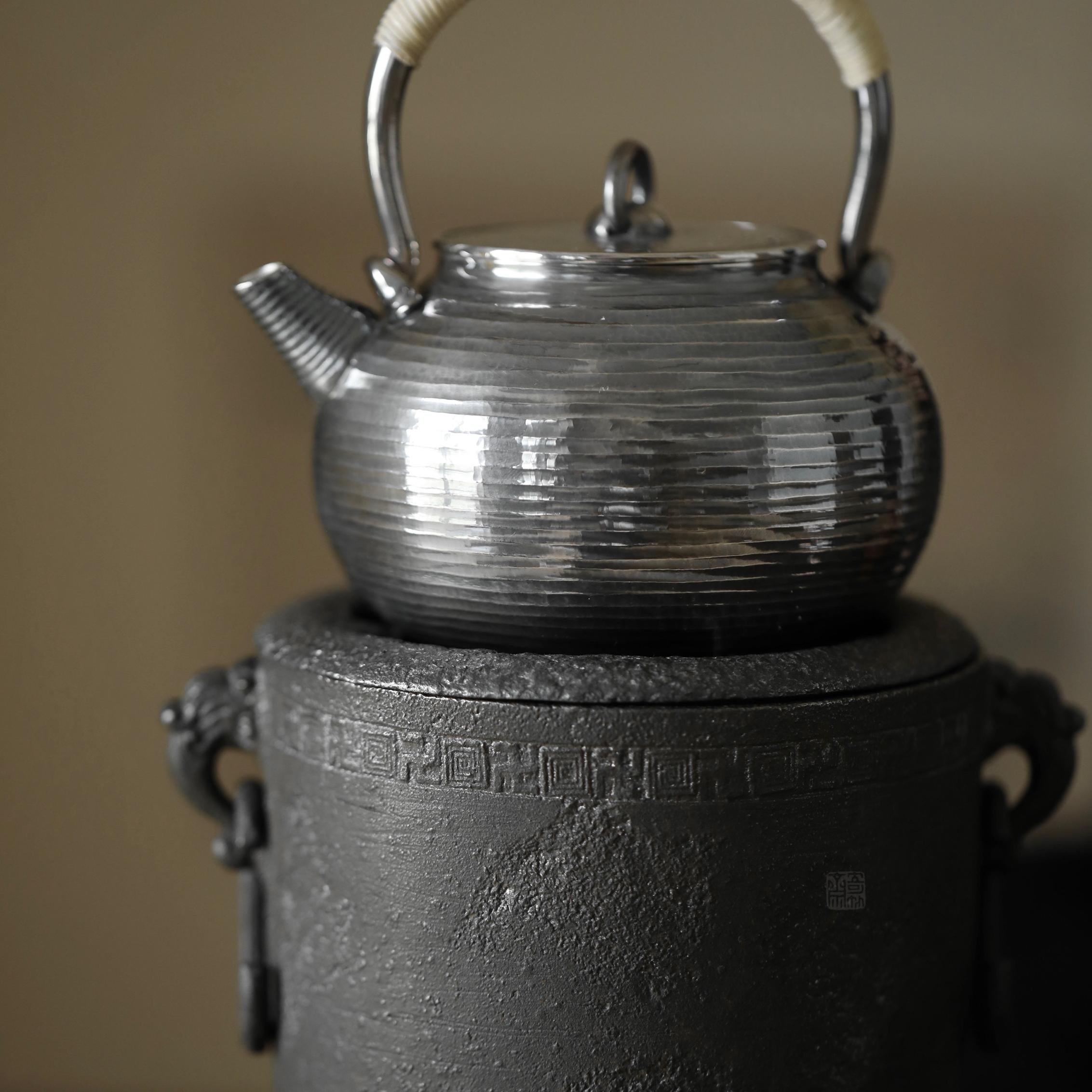 cast iron tea stove, portable tea heater, charcoal brazier, japanese tea stove, gongfu tea accessories, handmade tea tools, Piexlculpt Studio, tea ceremony heater, traditional iron brazier, wood engraving art, charcoal tea warmer