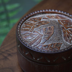 bamboo tea caddy, carved bamboo tea canister, leaf pattern tea jar, airtight tea storage, handcrafted tea container, wood engraving art, Piexlculpt Studio, artisan bamboo crafts, japanese tea box, loose leaf storage jar