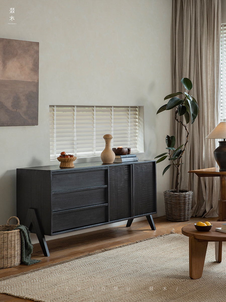 black wood furniture, carbonized sideboard, wabi sabi cabinet, handcrafted credenza, modern black buffet, carbonized teak, minimalist furniture, piexlculpt