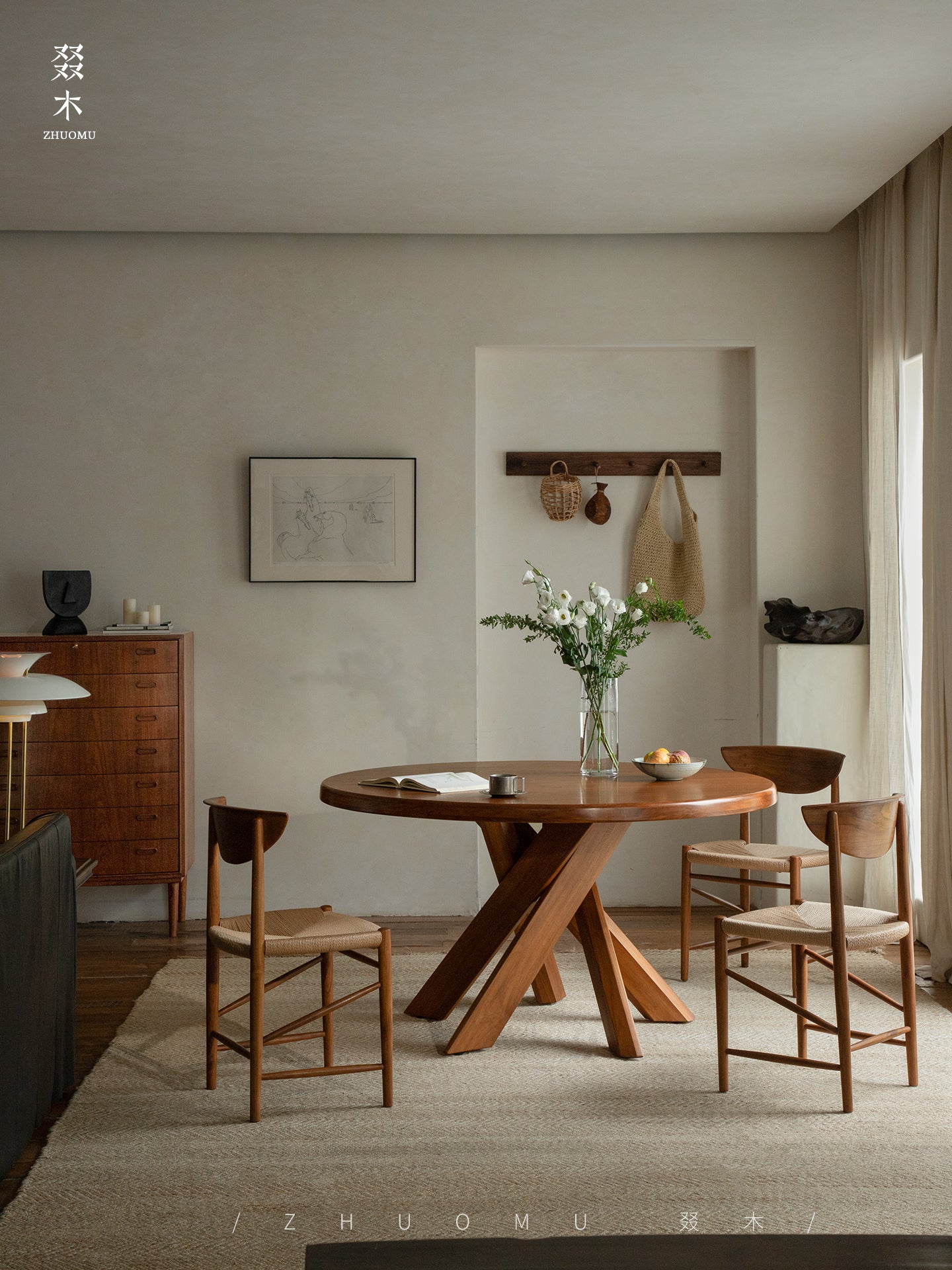 nami dining table, round teak table, solid wood table, wabi sabi furniture, japanese minimalist dining table, handcrafted round table, piexlculpt studio, zen furniture, french vintage design, teak dining table