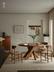 nami dining table, round teak table, solid wood table, wabi sabi furniture, japanese minimalist dining table, handcrafted round table, piexlculpt studio, zen furniture, french vintage design, teak dining table