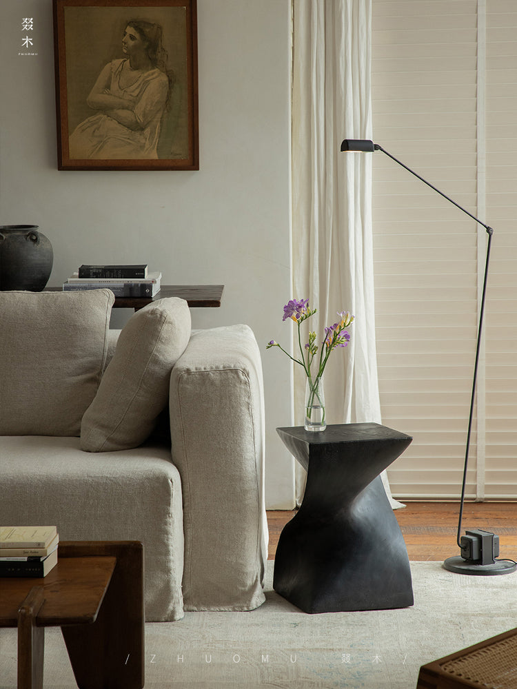 wood pedestal table, solid wood plant stand, sculptural wood side table, twist wooden table, handmade wood decor, rustic accent furniture, modern wood pedestal, artisan carved furniture, natural wood display stand