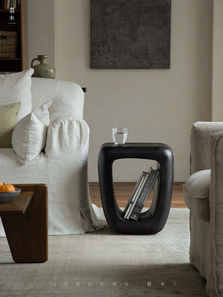 void side table, hollow wood stool, sculptural wood furniture, solid wood table, carbon black finish, minimalist furniture, wabi sabi design, piexlculpt studio, organic form furniture