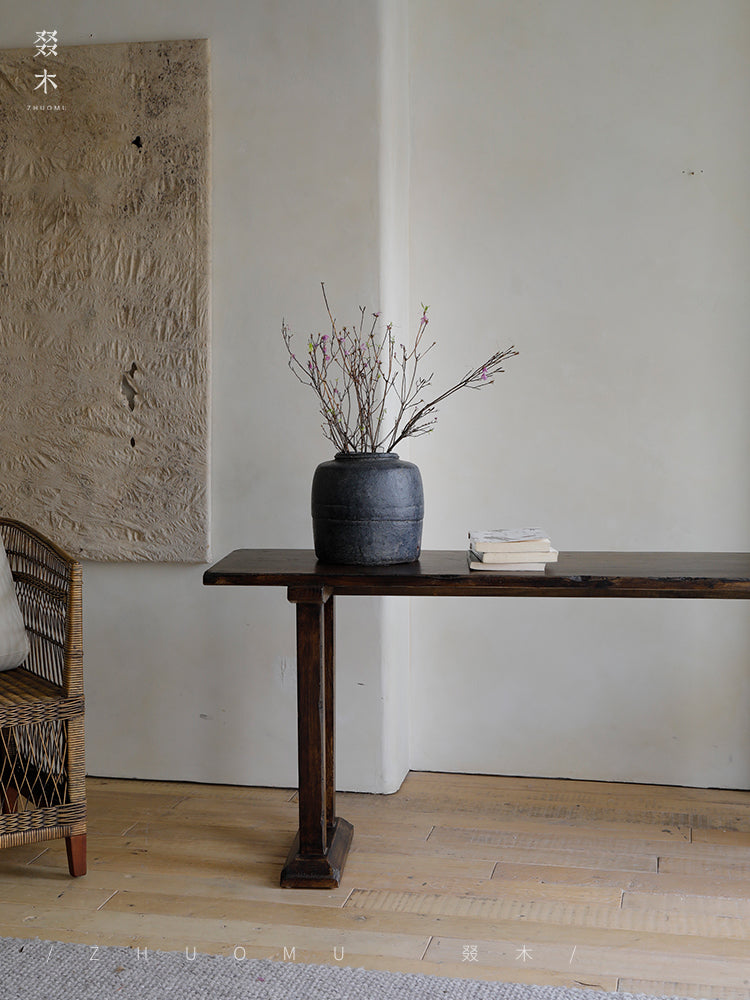 saya console table, solid teak console, wooden sofa table, wabi sabi furniture, japanese minimalist console, handcrafted wood furniture, piexlculpt studio, zen furniture, solid wood long table, teak entryway table