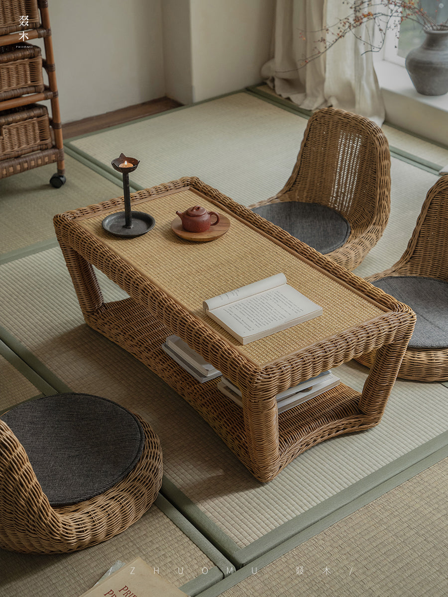 rattan coffee table, rattan tea table, handwoven rattan furniture, bamboo table, natural rattan decor, double layer coffee table, japanese wabi-sabi furniture, handcrafted rattan table, boho living room decor