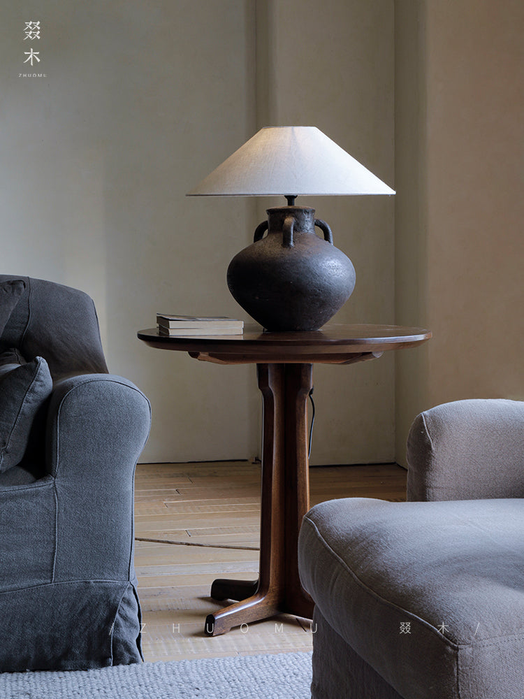 rin dining table, round wood table, japanese minimalist furniture, wabi sabi solid wood table, handcrafted round table, zen furniture, piexlculpt studio, natural walnut table, modern japanese decor, minimalist dining table