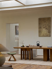 tsuba long table, solid wood conference table, japanese tea table, multi leg table, wabi sabi furniture, piexlculpt studio, handcrafted wood desk, sculptural furniture, minimalist oak table, zen design furniture