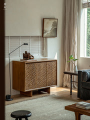 ripple wood cabinet, teak sideboard, solid wood buffet, handcrafted teak furniture, textured wood cabinet, artisan carved sideboard, wabi-sabi furniture, boho wood furniture, japanese scandi teak, handmade wooden buffet