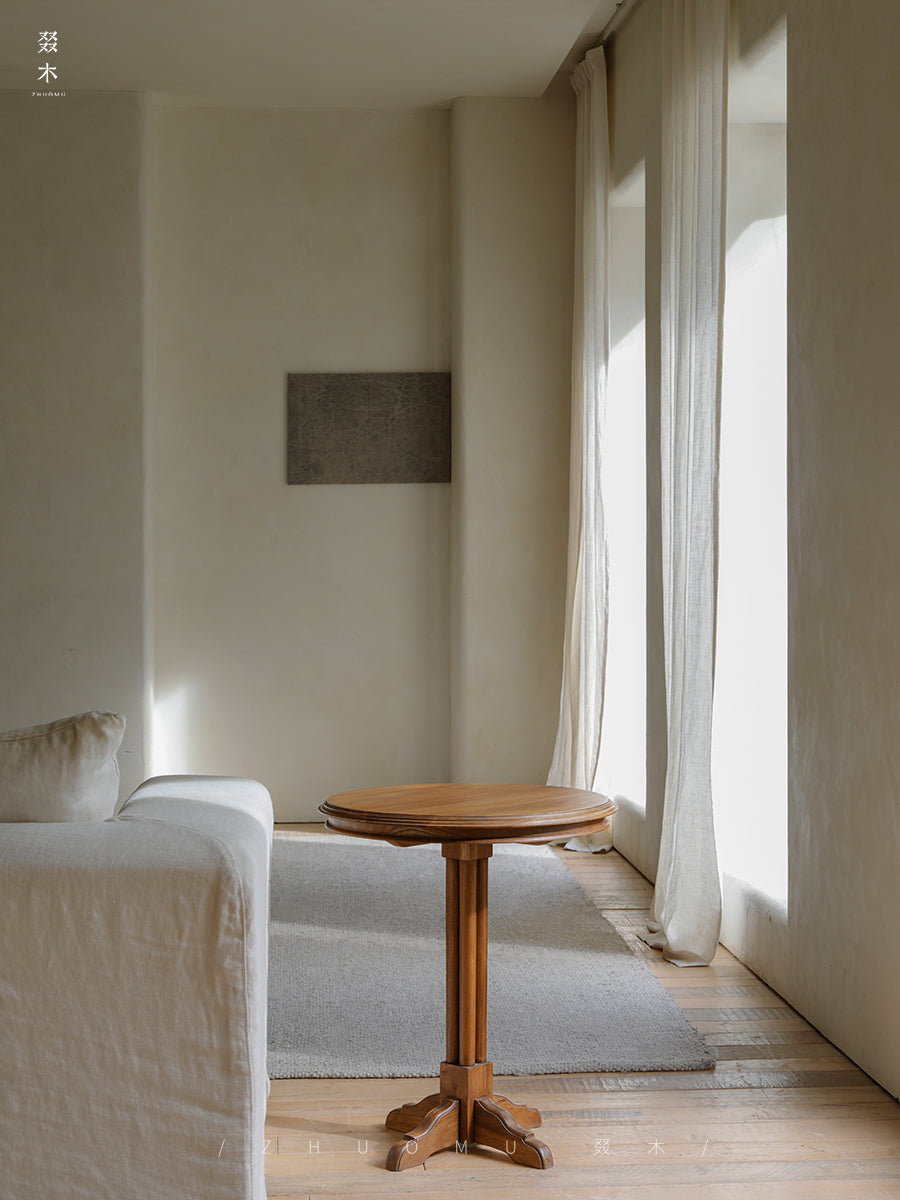 mori side table, solid wood end table, round side table, japanese minimalist furniture, wabi sabi furniture, handcrafted wood table, piexlculpt studio, zen furniture, wooden bedside table, natural oak side table