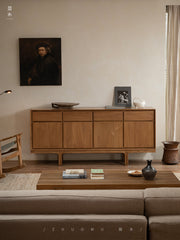 teak sideboard, solid wood cabinet, handcrafted buffet, four-door teak cabinet, minimalist wood furniture, artisan teak furniture, wabi-sabi sideboard, japanese scandi style furniture, handmade wood buffet